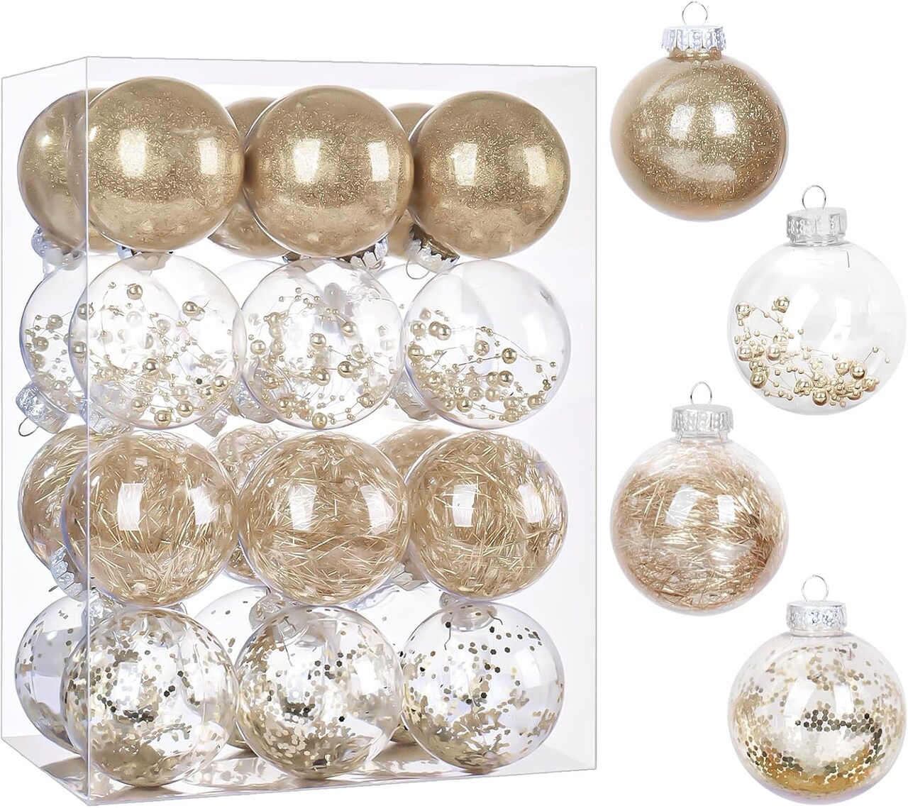 Champagne Christmas Ornaments Set, 24PCS 2.36" Christmas Tree Ornaments, Shatterproof Clear Plastic Christmas Ball Ornaments, Hanging Xmas Baubles with Stuffed Delicate Decorations